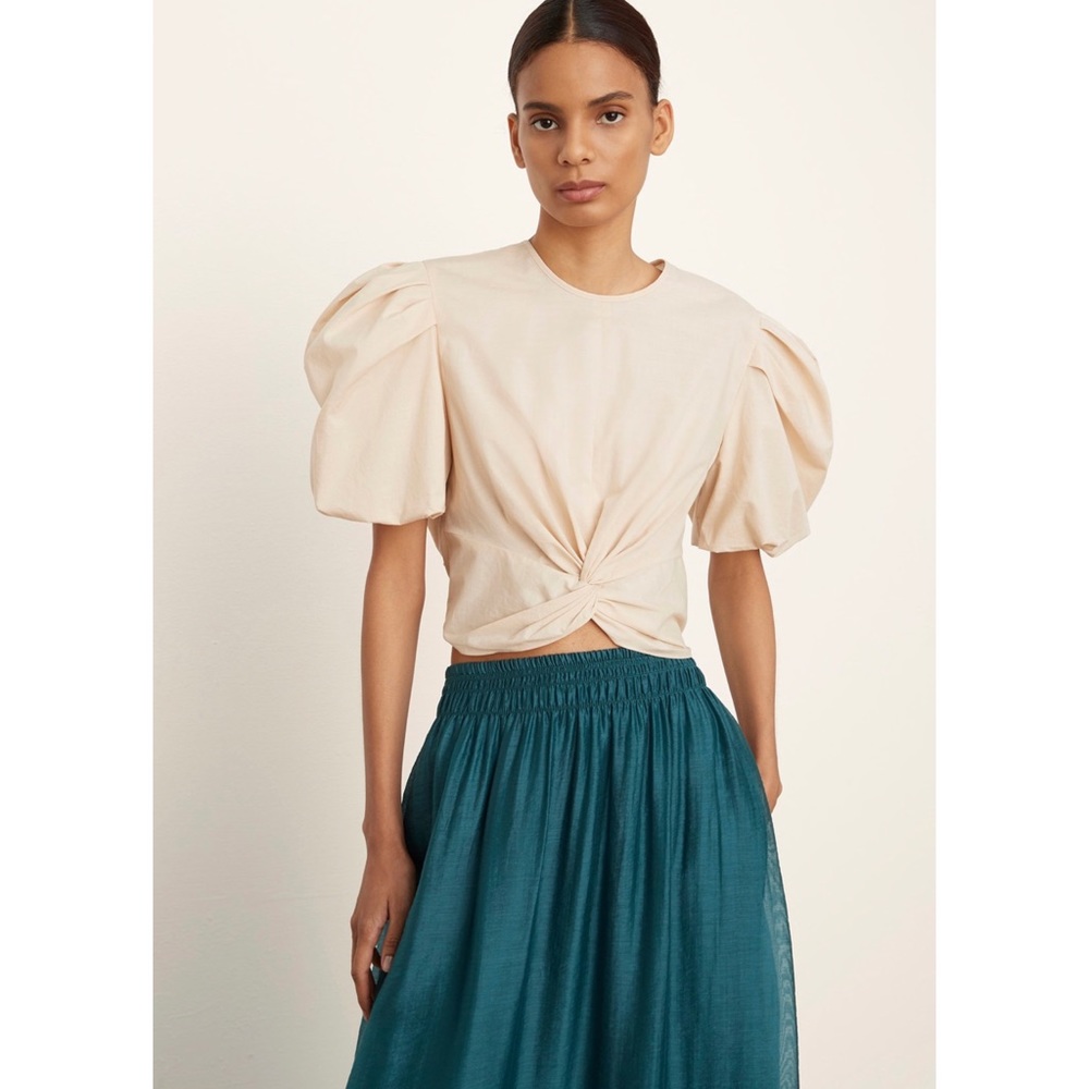 Vince Cream Twist Knot Puff Sleeve Cropped Blouse